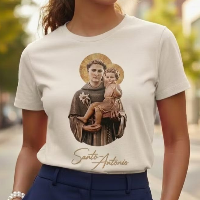 Camiseta Baby Look Feminina 100% Algodão Estampa Santo Antonio Catolica Religiosa