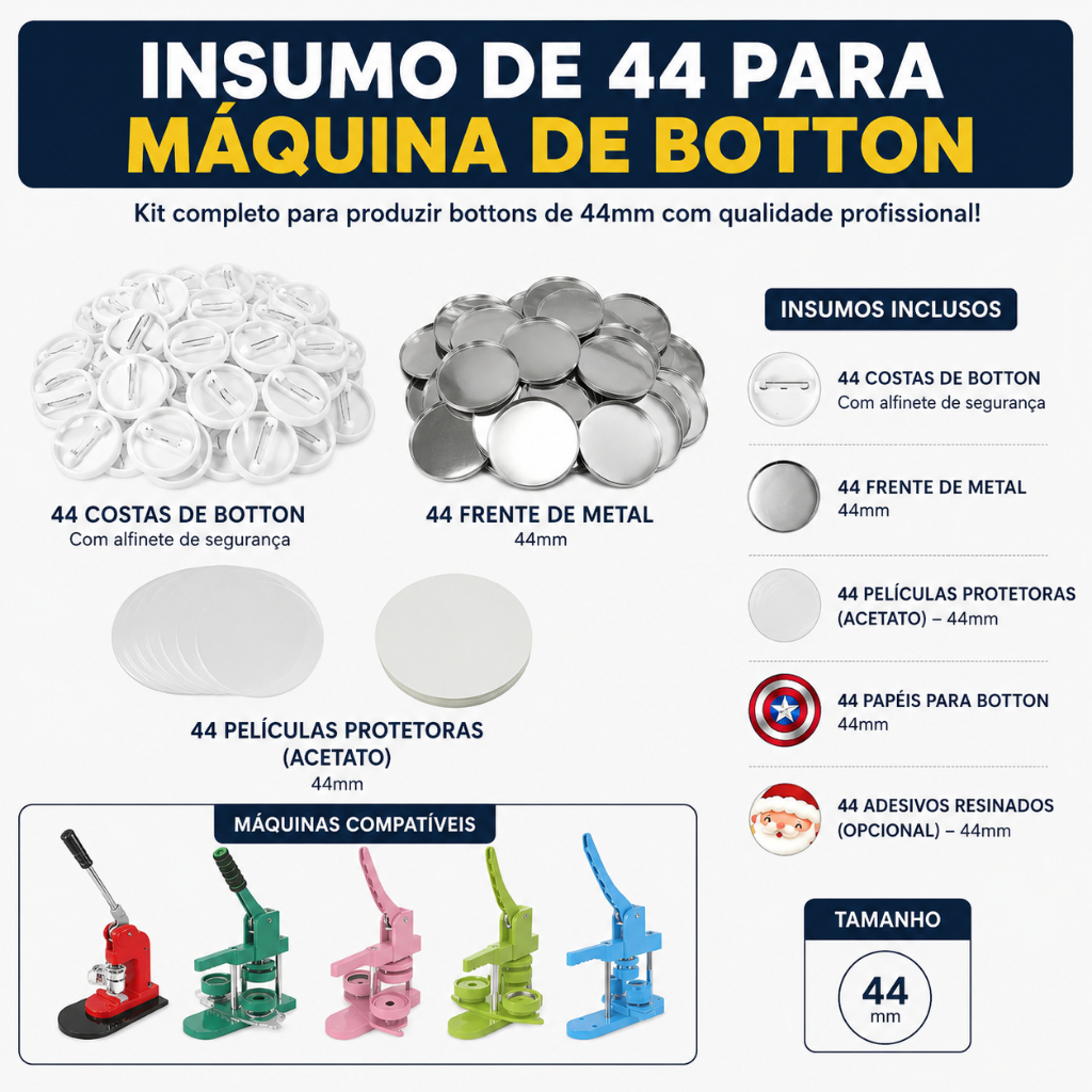 Kit 100 Insumos Botton 44mm Completo Compatível com Máquinas de Bottons Manuais