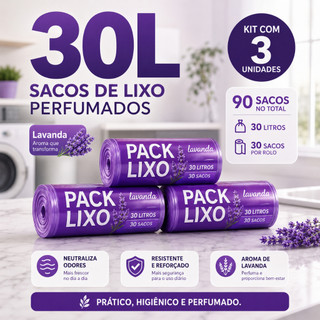 Kit 3 Rolos Sacos de Lixo 30 Litros Perfumado Lavanda 90 Sacos Reforçado Neutraliza Mau Cheiro