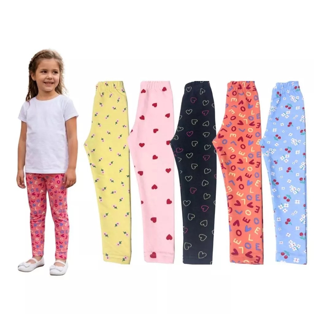 Kit com 5 Calças Legging Infantil e Juvenil com Estampas Variadas