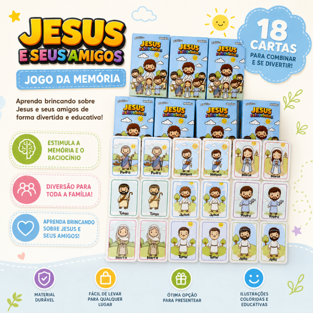 Jogo da Memoria Jesus e Seus Amigos Infantil p/ Kit Festa Lembrancinha Prenda Brinquedo Educativo Religioso