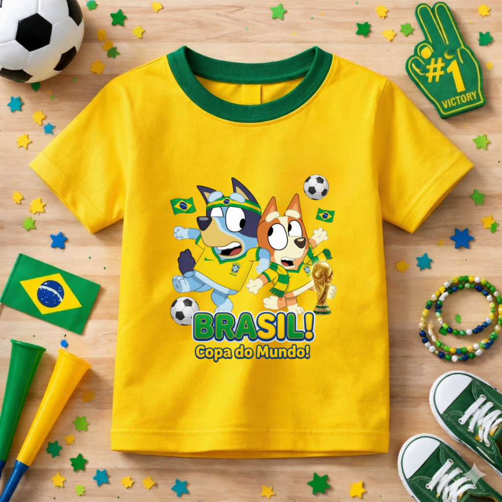 Camiseta Infantil Blu Brasil Estampada Copa Do Mundo Algodão Macio Lançamento Crianças