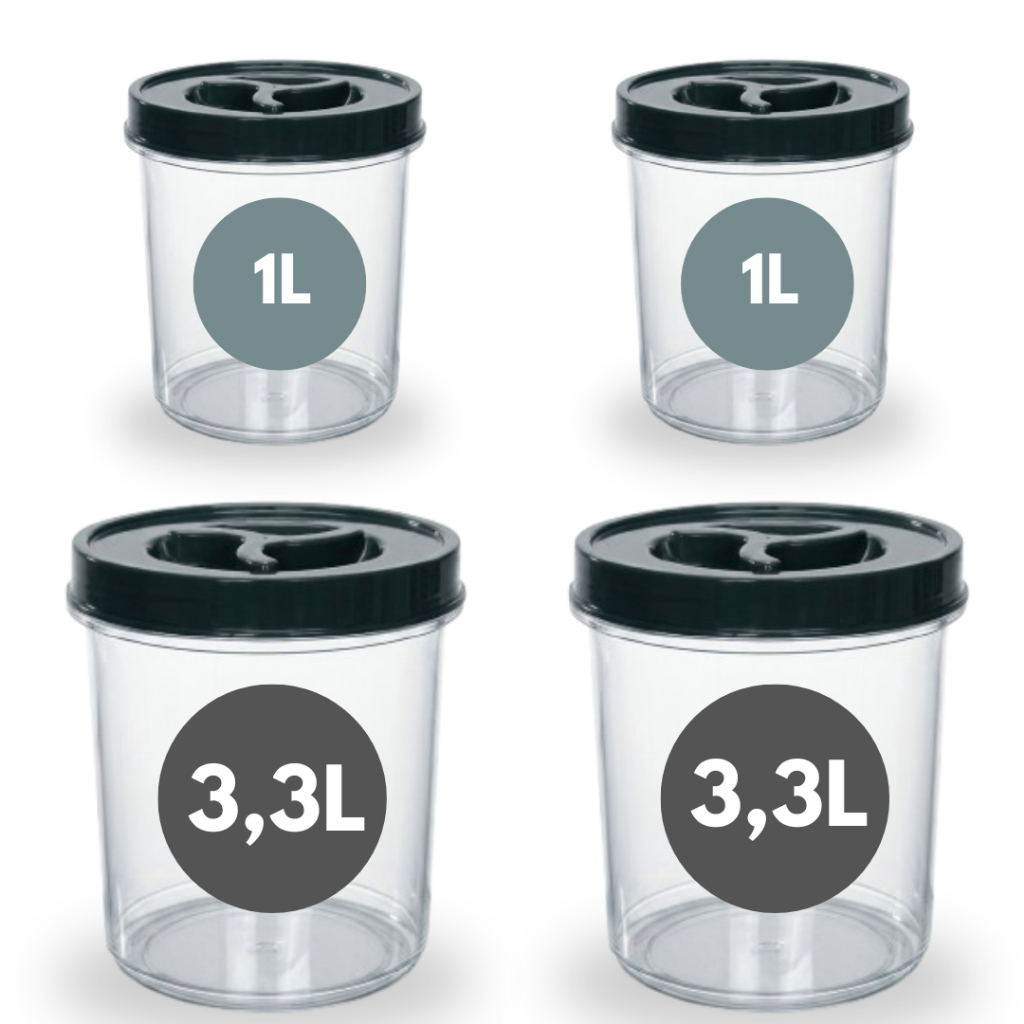 Jogo 4 Potes Mantimento Redondo 2 De 3,3L + 2 De 1L Transparente Tampa Rosca BPA FREE Grãos Cereal