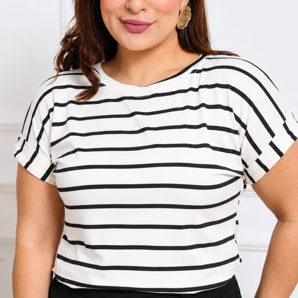 Blusa Feminina Elegante Listrada Casual Manga Japonesa em Tecido Viscolycra Premium
