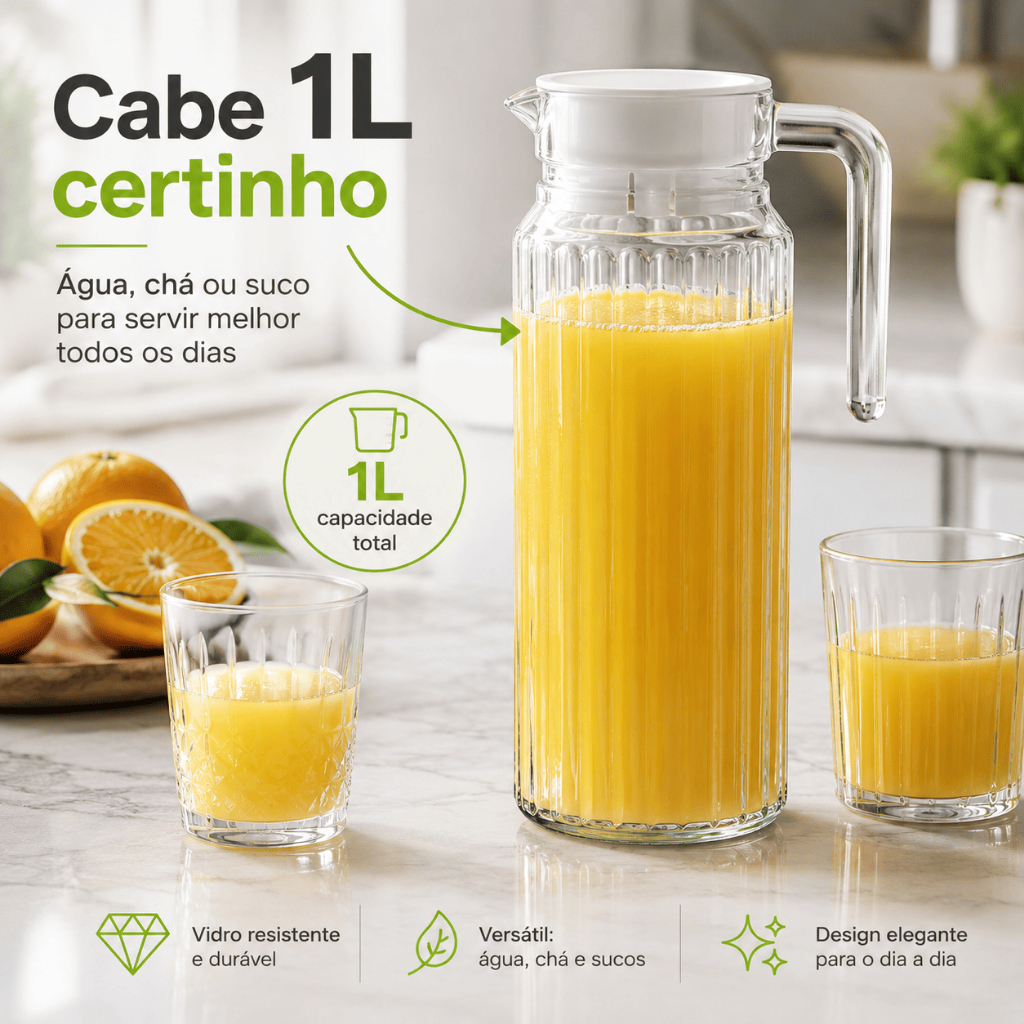 Jarra Com Tampa 1 Litro Para Água Suco Vidro Grosso Com Alça Cor Transparente Cinza