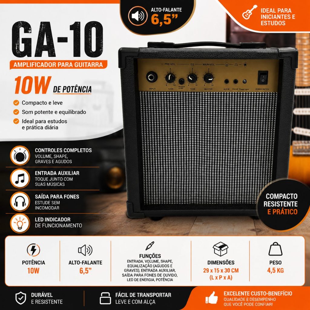 Amplificador para Guitarra GA-10 10W com Alto-falante 6,5" e Saída para Fones