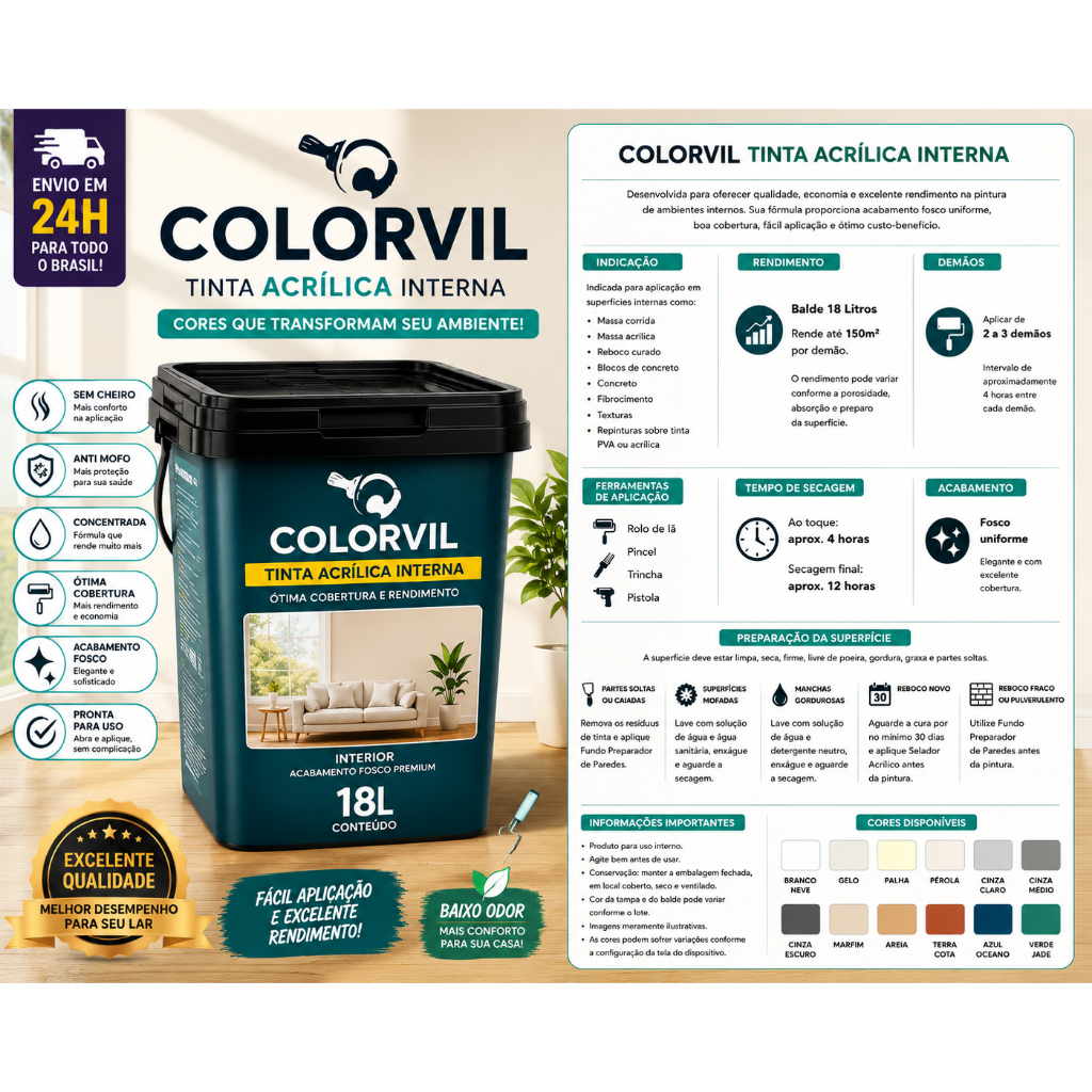 Tinta Acrílica Colorvil 18L | Excelente Cobertura | Alto Rendimento | Sem Cheiro | Anti Mofo | Envio Rápido 24H