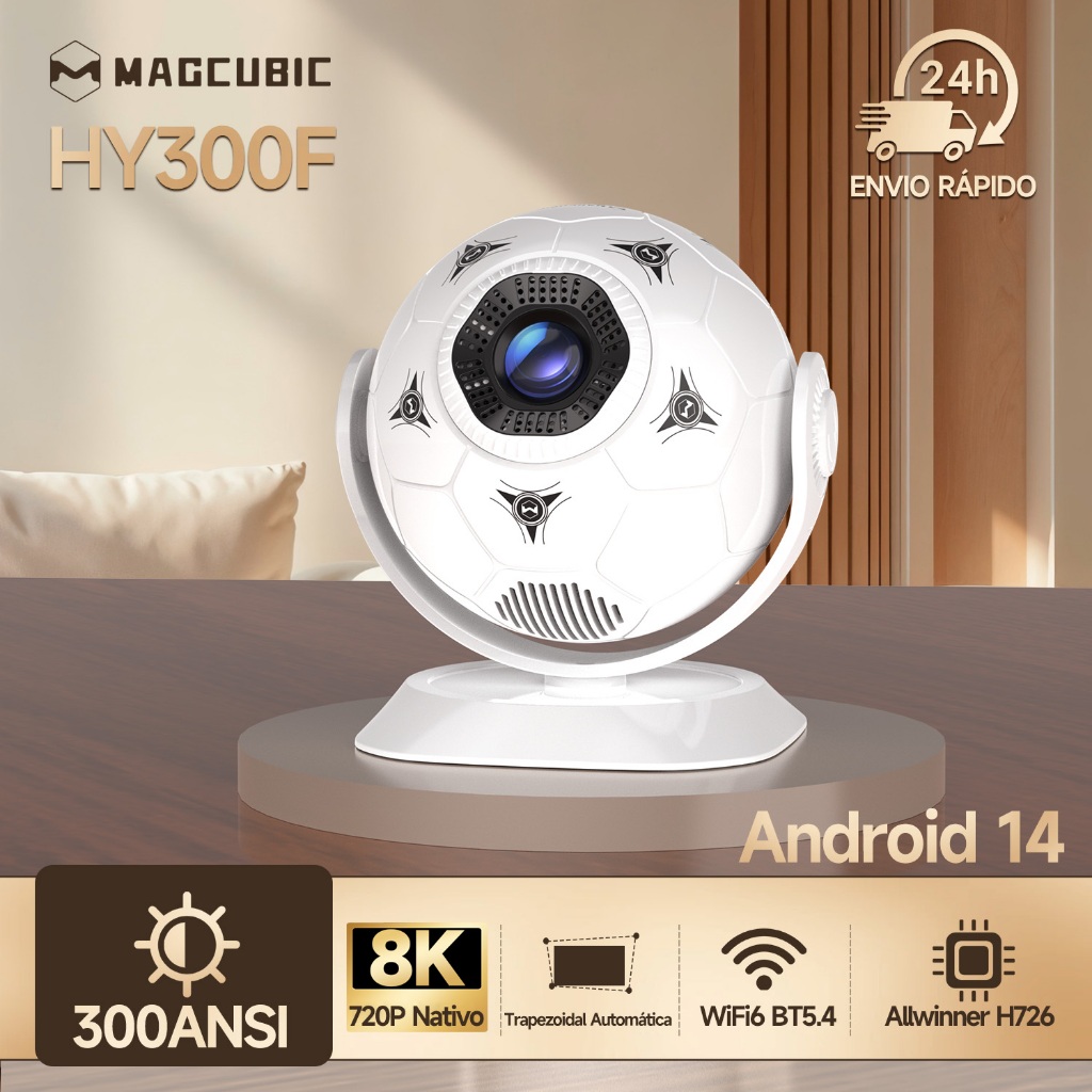 Magcubic HY300F Projetor 300ANSI Android 14 WIFI6 BT5.4 Mini Portátil Para Cinema Em Casa E Eventos Esportivos