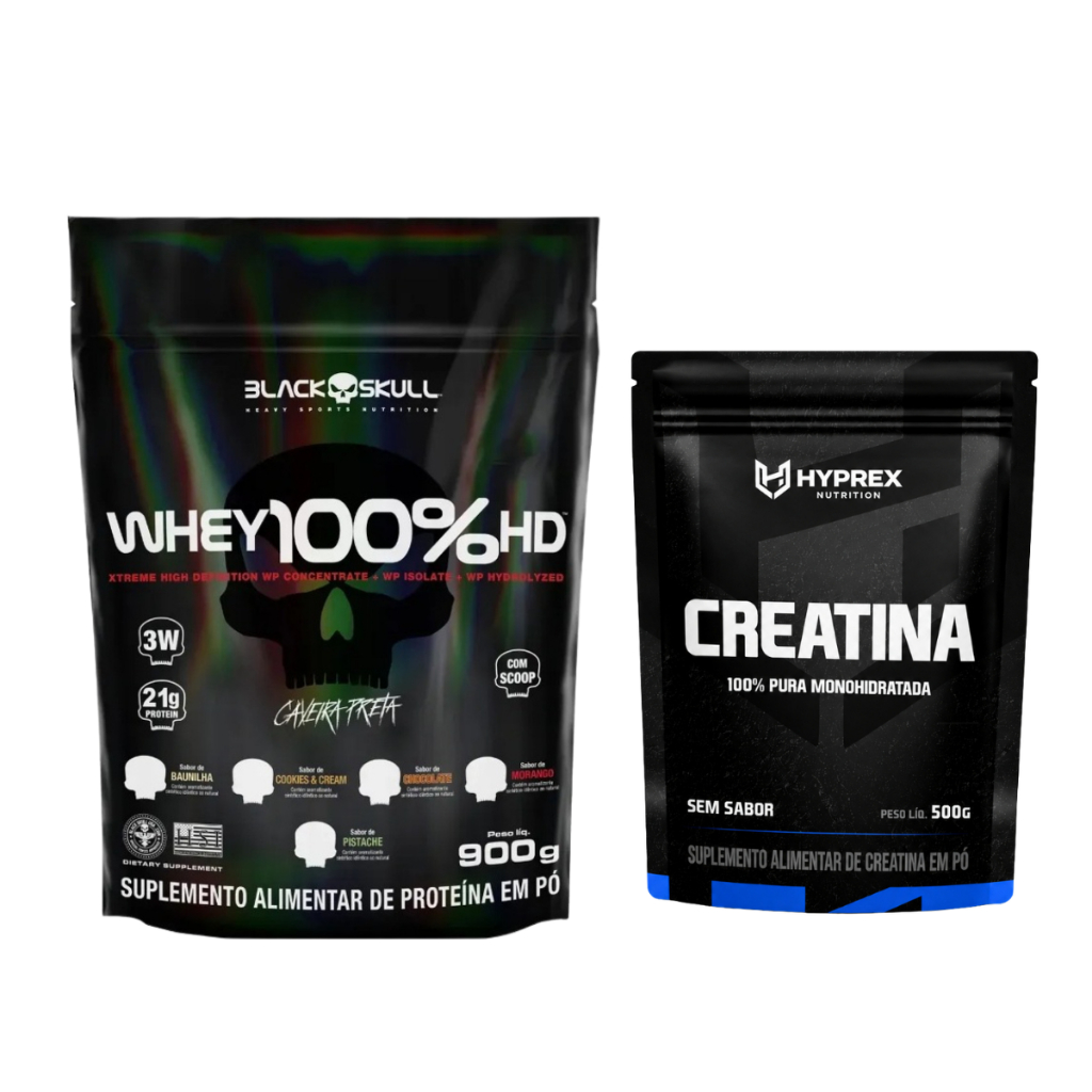 Whey Protein Black Skull 100% HD 900g + Creatina pura 500g | Suplemento | Academia | Massa Muscular
