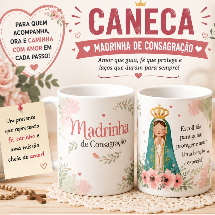 Caneca Madrinha de Consagração Presente Batismo Dinda batizado Religiosa Fé Católica porcelana 325ml