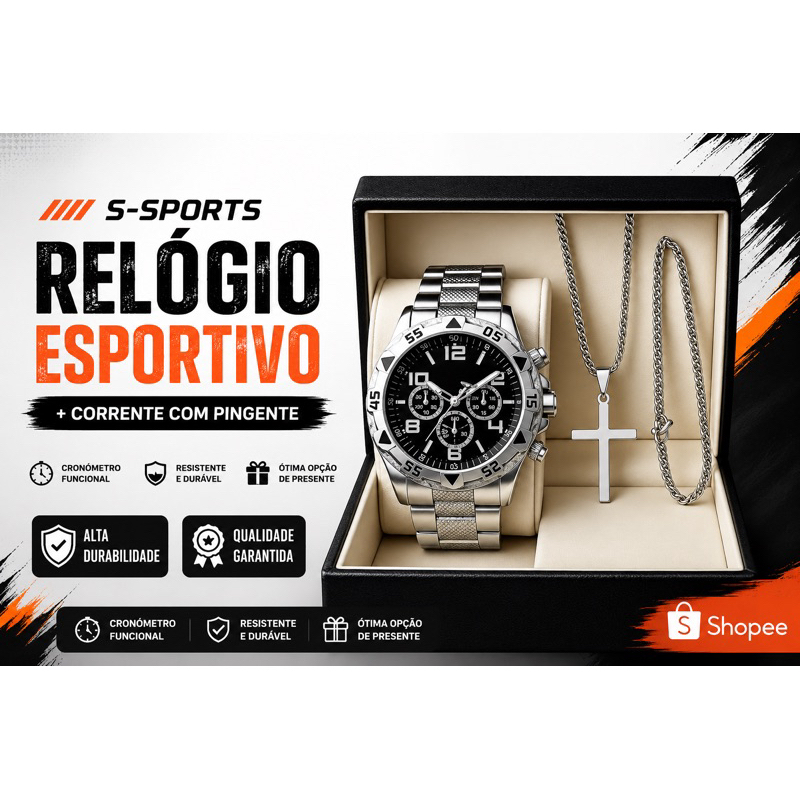 Relógio Masculino Fashion Luxo com Corrente Cruz e Pulseira (Nao aompanha Caixa)