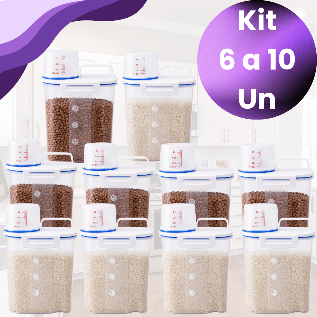 Kit 6 a 10 Potes 1,5L Dispenser Hermético P/ Mantimentos Com Bico Dosador Grãos Cereal Arroz Cozinha Organização Cozinha