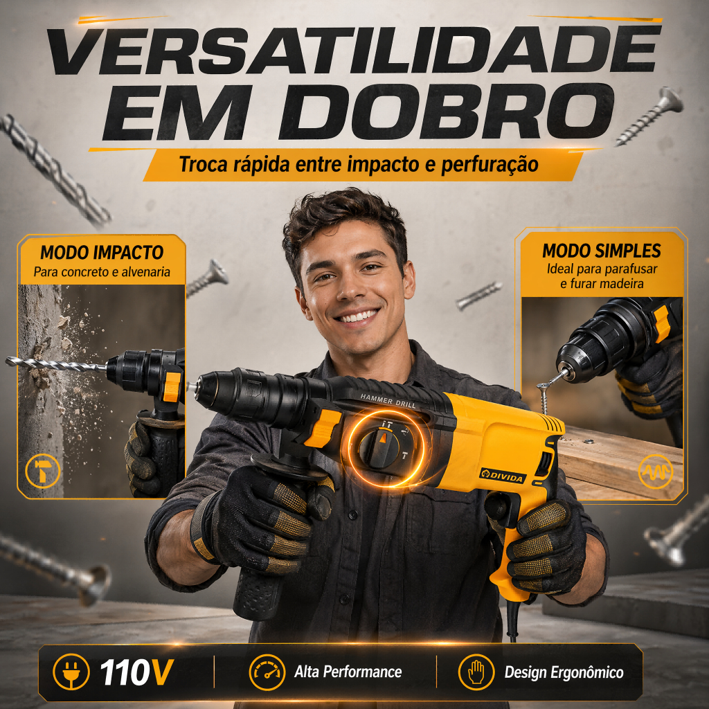 Imagem de Martelete Perfurador 110V com Impacto Furadeira Elétrica Profissional para Concreto Madeira Aço DIY