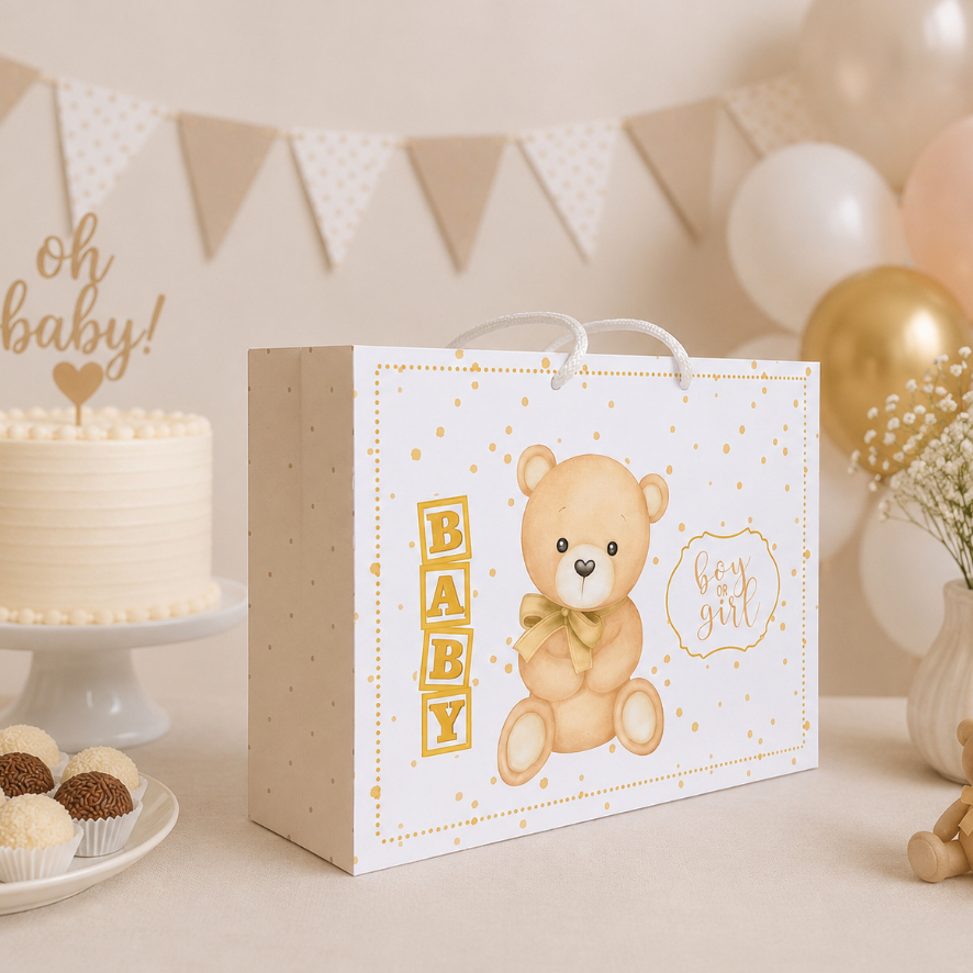 Kit Festa Sacolinha Personalizada Ursinho Bege | Lembrancinha de Aniversário | Chá Revelação