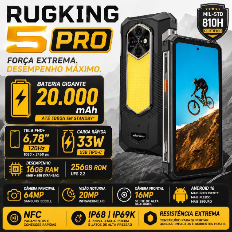Smartphone Ulefone Rugking 5 Pro 256GB 16GB RAM Bateria 20000 mAh Câmera 64 MP Visão Noturna IP69