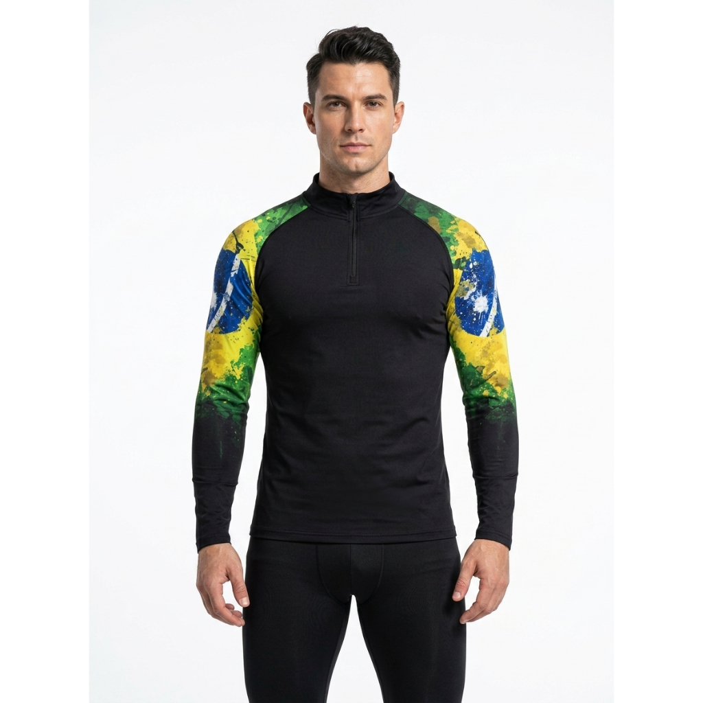 Camiseta Preta do Brasil Manga Comprida Com Proteção de Raios Solares UV50 Premium