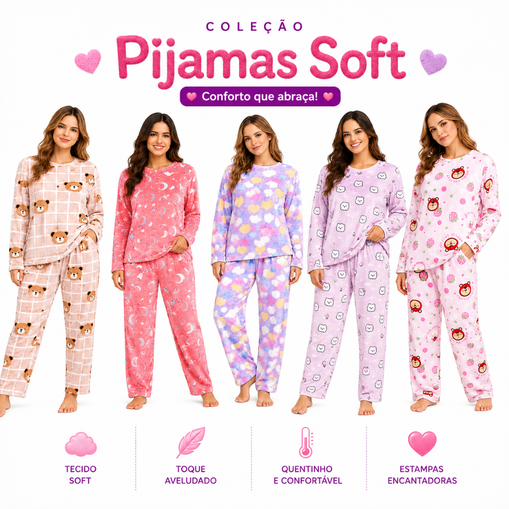 CONJUNTO PIJAMA CALCA E BLUSA PLUSH SOFT FRIO INVERNO QUENTINHO ESTAMPADO
