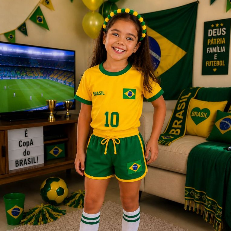Conjunto Infantil Laço Bico De Pato Tiara Short Brasil Copa Seleção Delicado Torcedor