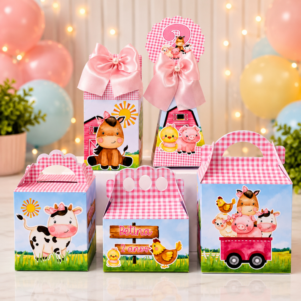 Envio Rápido Kit Festa Fazendinha Rosa Menina Lembrancinha Personalizada Aniversário Infantil Pegue e Monte