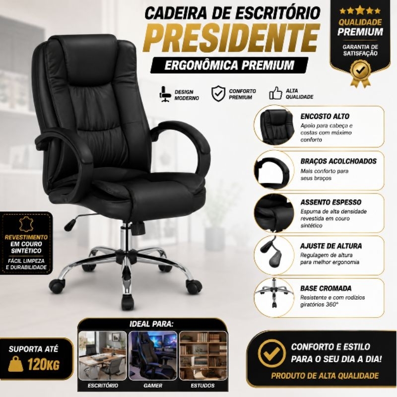 Cadeira De Escritório Presidente Ergonômica Premium Gamer Couro Sintético
