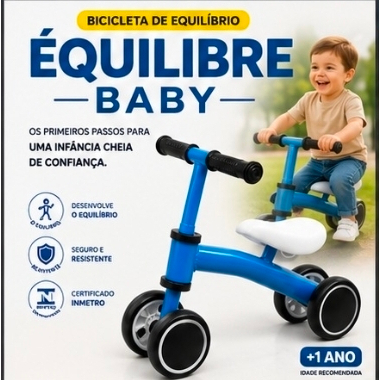 Bicicleta de Equilíbrio Infantil Sem Pedal 4 Rodas Azul +1 Ano Desenvolvimento Motor Coordenação Motora Bebê
