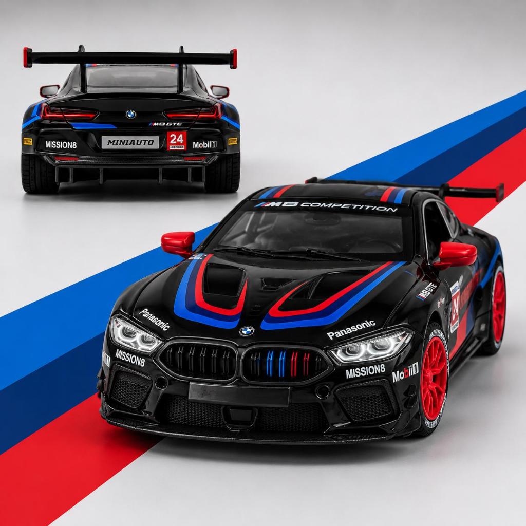 Miniatura BMW M8 GTE Racing 1/24 Metal com Luz e Som, Fricção, Abre Portas - Carro Esportivo Colecionável Presente