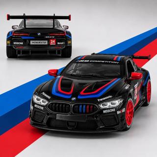 Miniatura BMW M8 GTE Racing 1/24 Metal com Luz e Som, Fricção, Abre Portas - Carro Esportivo Colecionável Presente