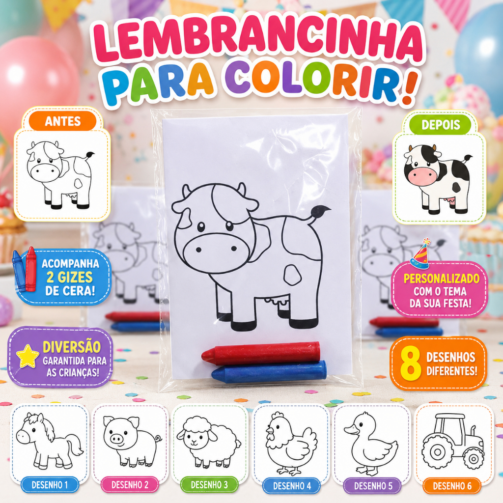 Kit Lembrancinhas de Colorir Personalizadas Fazendinha, Tema à Escolha – Festa Infantil, Lembrancinha Aniversário