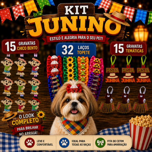 Kit SÃO JOÃO Pet – Lacinhos pet FESTA JUNINA, Gravatas QUADRILHA Pet, KIT JUNINO BANHO E TOSA