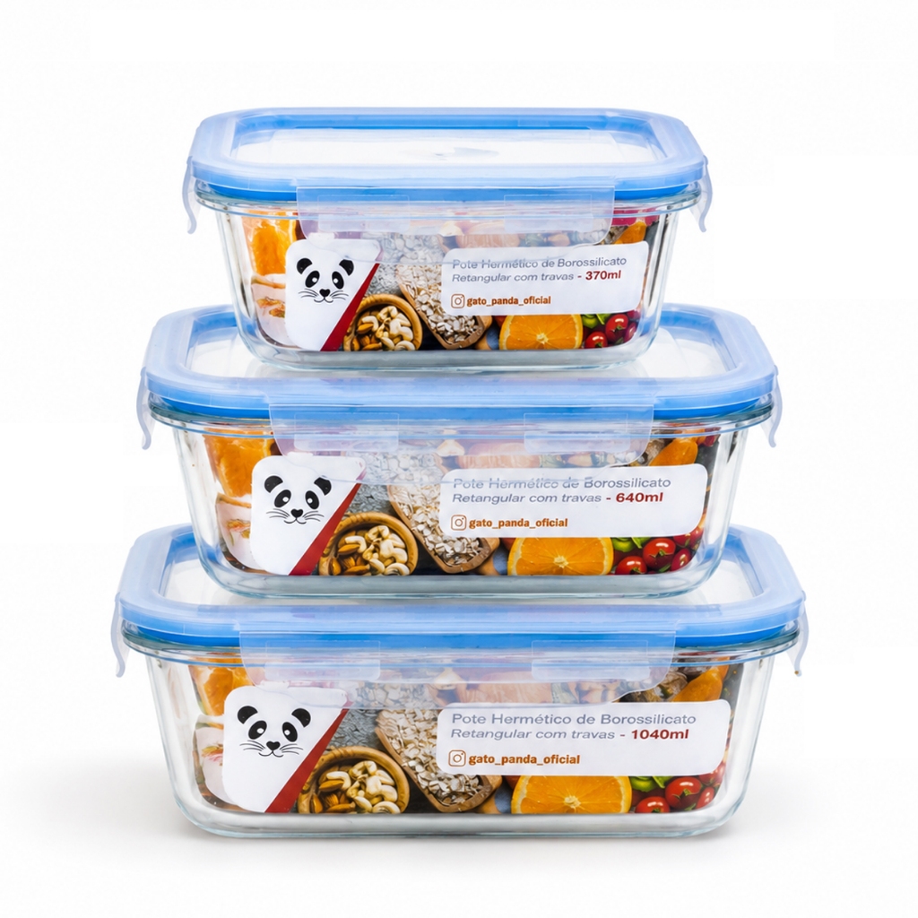 Marmita de Vidro Kit 3 Potes Borosilicato Hermético 370ml 640ml 1040ml