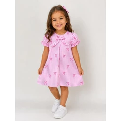 vestido infantil trapézio listrado rosa