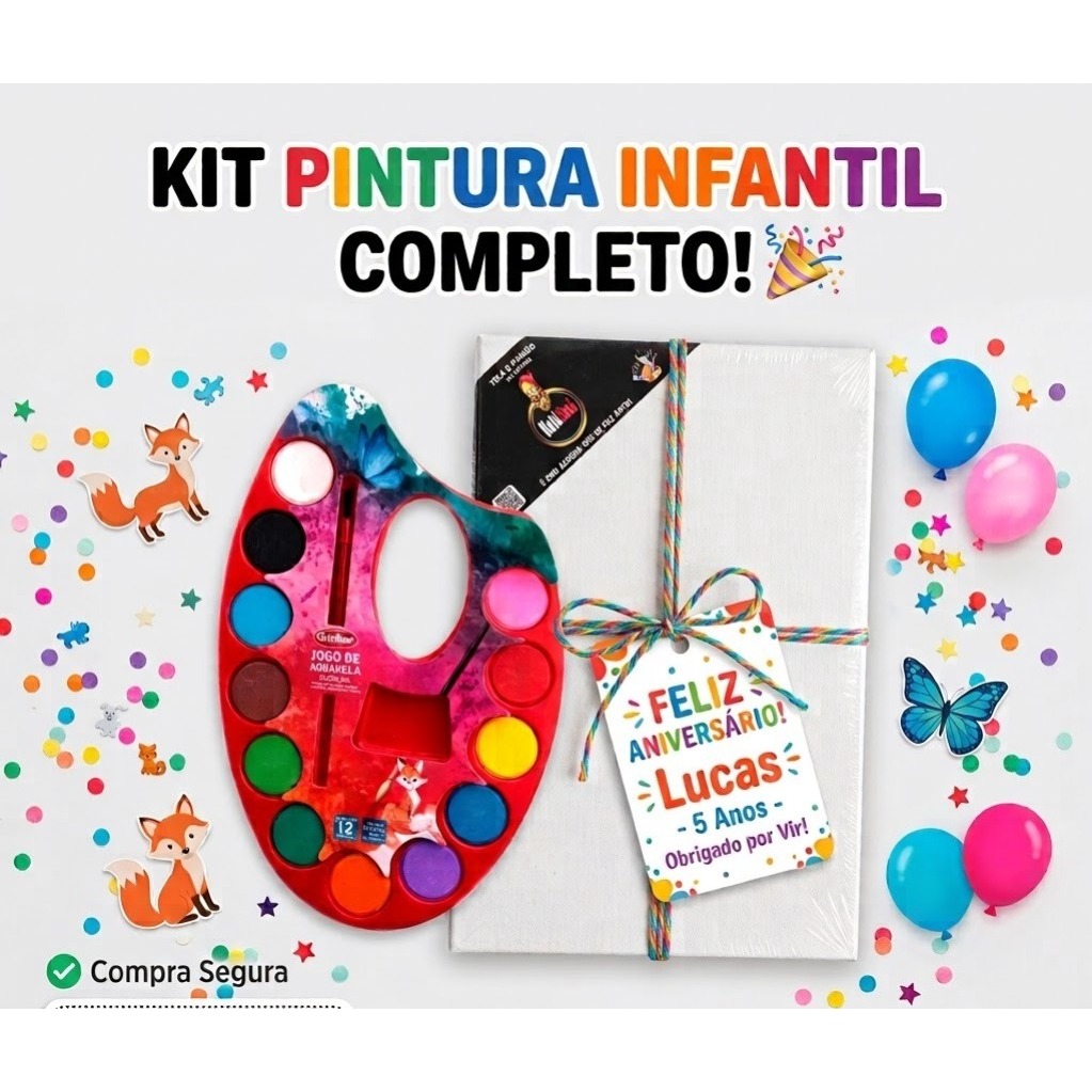 Kit Pintura Infantil - Lembrancinha Criativa com Tela e Aquarela Aniversario menino menina