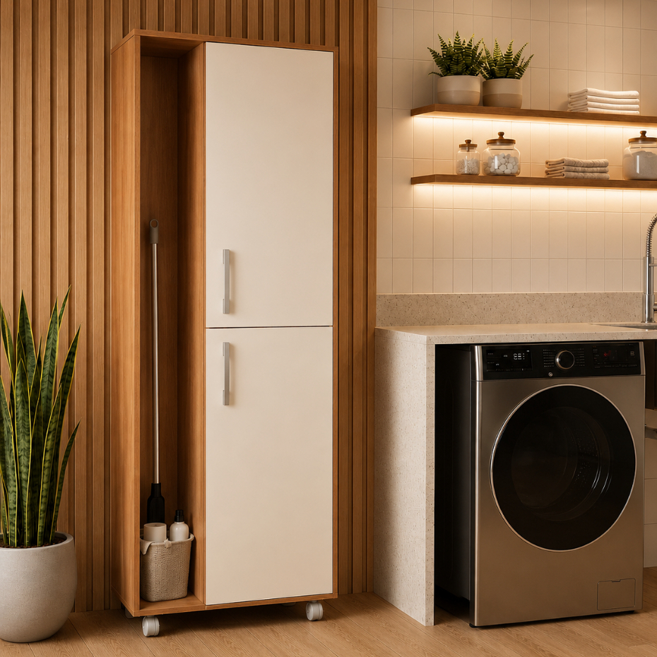 Armário Multiuso 2 Portas Para Lavanderia Com Rodízios E Porta Vassouras Vertical Design Inteligente