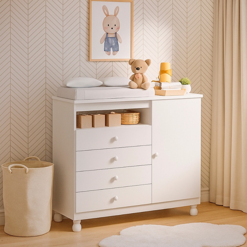 Cômoda Infantil Armario Baby com 4 Gavetas Organizadora 1 porta Sapateira nicho corrediças Metalicas