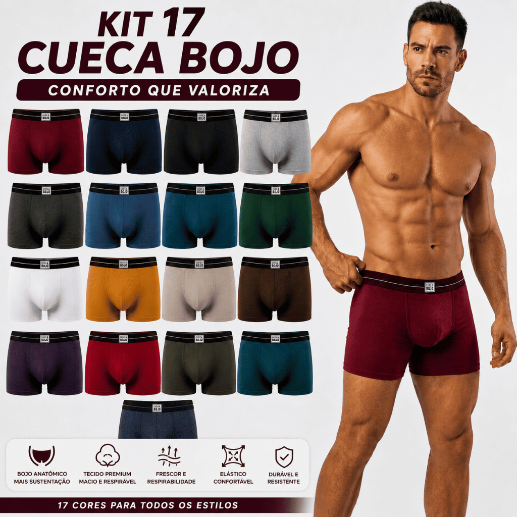 Kit 17 Cuecas Bojo Premium – Mais conforto, sustentação e estilo em um kit com 17 cuecas de cores variadas, perfeitas