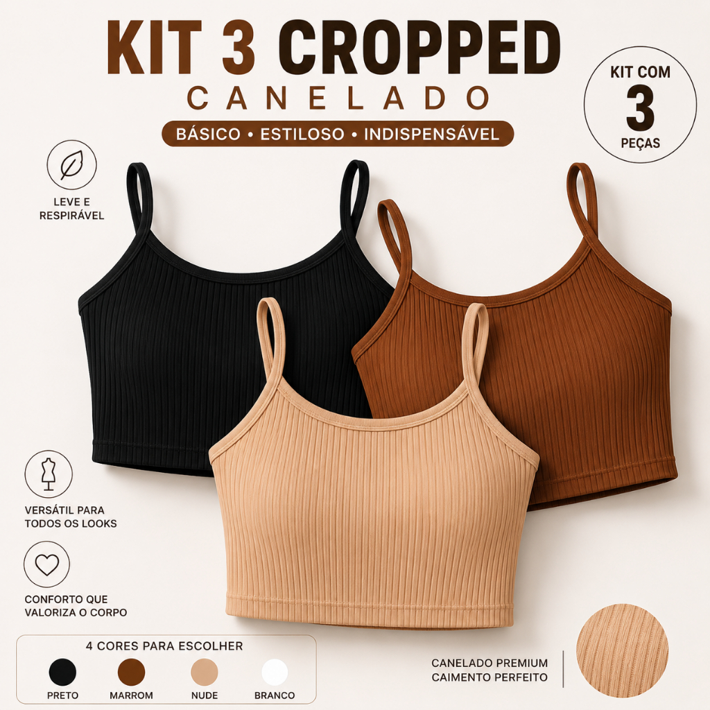 Kit 3 Cropped Feminino Canelado Ribana Regata Alcinha Academia Fitness Básico Casual Verão Moda Feminina