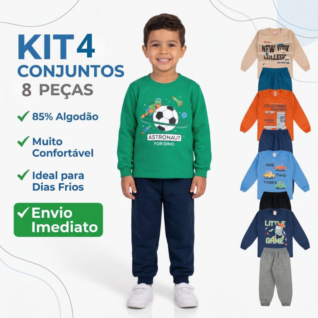 Kit 4 Conjuntos Infantil Masculino Inverno Moletom Flanelado Roupa de Frio Menino 8 Peças Algodão