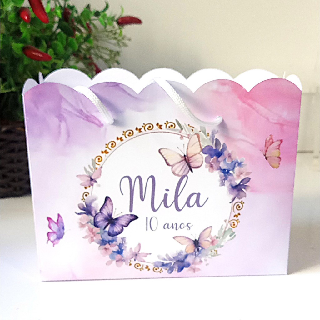SACOLINHA BOLSINHA G PERSONALIZADA PRA LEMBRANCINHA DE FESTA/ANIVERSÁRIO-BORBOLETAS ROSAS/AZUIS/LILÁS.