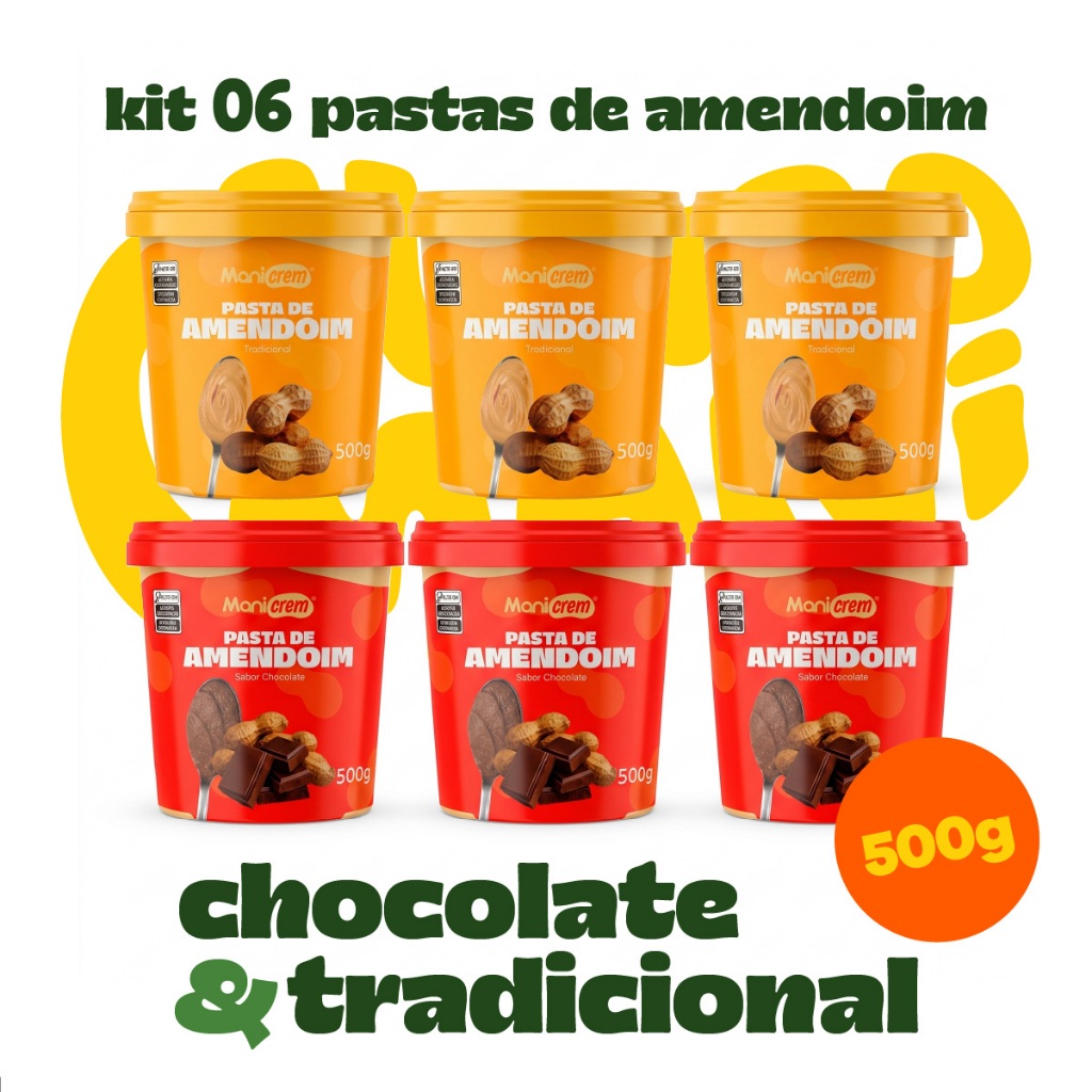 Kit 06x Pasta de Amendoim Manicrem Tradicional e Chocolate - 500g