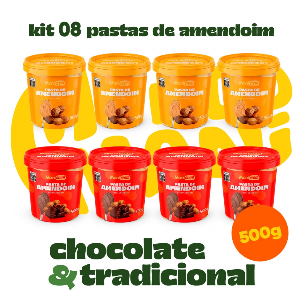 Kit 08x Pasta de Amendoim Manicrem Tradicional e Chocolate - 500g