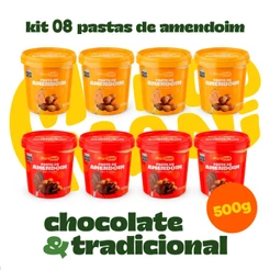 Kit 08x Pasta de Amendoim Manicrem Tradicional e Chocolate - 500g