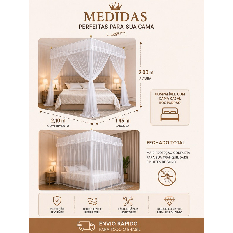 Mosquiteiro Palácio Com armação Branca Casal Box Volta Ao Mundo Cortinado Abertura Lateral