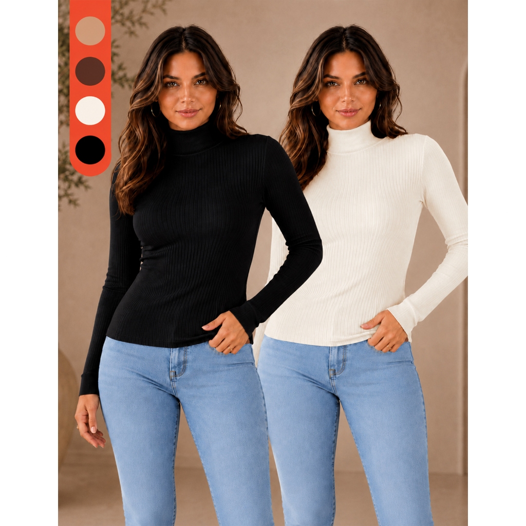 Kit 2 Blusa Gola Alta Canelada Manga Longa Cacharrel Feminina Inverno Segunda Pele Frio Lisa Básica