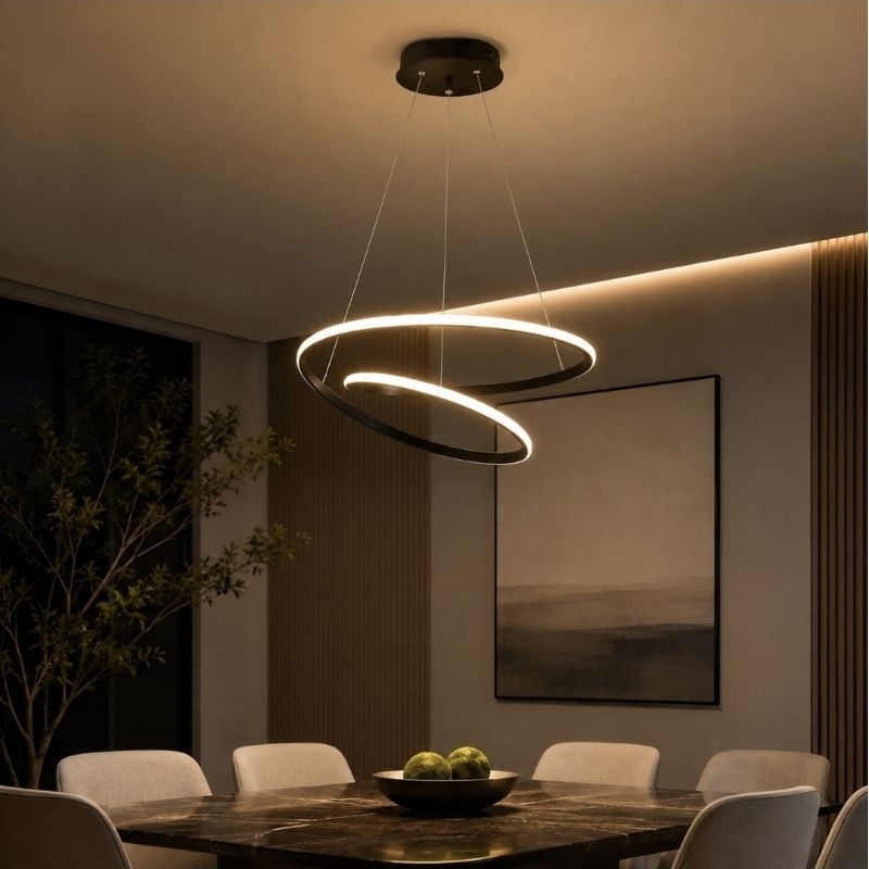 Luminária Pendente 50W LED 3 Tons de Luz Espiral Redonda Moderna Design Luxo Para Ambientes Preto