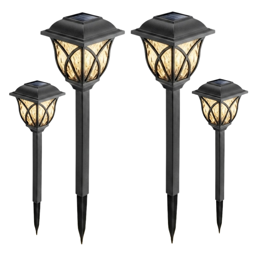 Luminária Solar Jardim Kit 4 Unidades Espeto LED Amarelo Estilo Colonial Resistente