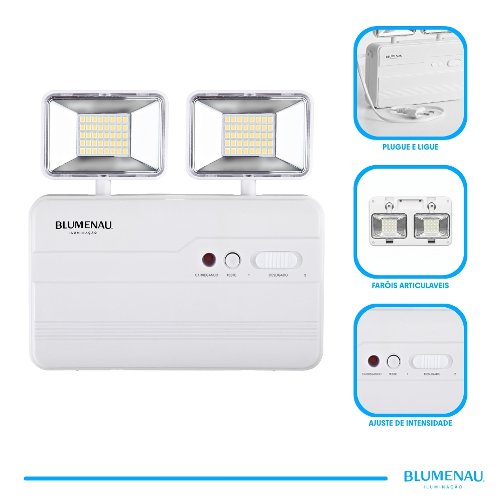 Luminária de Emergência LED 2200 Lumens 2 Faróis Bivolt até 450m² Blumenau Ilumi