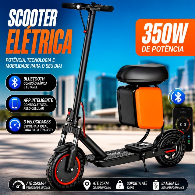 Patinete Elétrico Dobrável Portátil 30km/h Com Banco e Com Bolsa 350w Preto