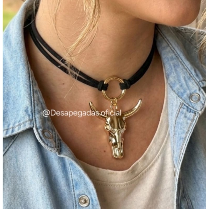 Choker Country com pingente cabeça de boi moda feminina country colar feminino longhorn festa de peão look country