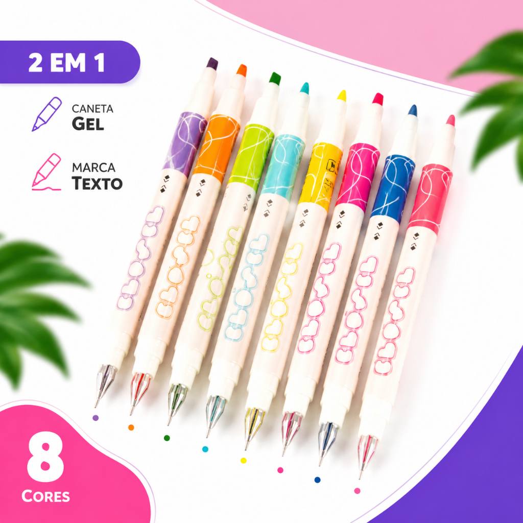 8/16/24 Unid Canetas Gel e Marca Texto 2 em 1 Coloridas para Estudos Cadernos Escolar Papelaria 8650