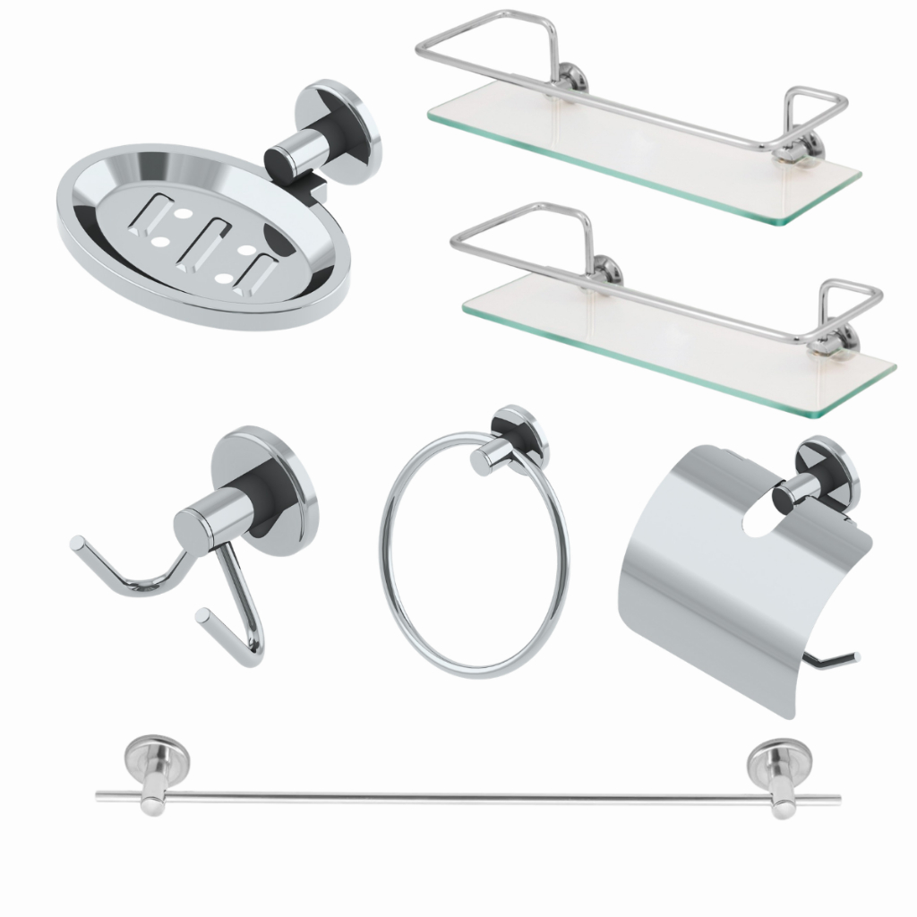 Kit Acessórios Para Banheiro 5 Peças + 2 Porta Shampoo Reto